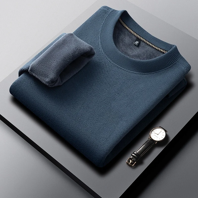 Herren-Pullover mit Rundhalsausschnitt, langen Ärmeln, Waffelstruktur, Fleece-Futter, warm, für den Winter, lässig, dick, für den täglichen Gebrauch, Oberteil – Detail 8