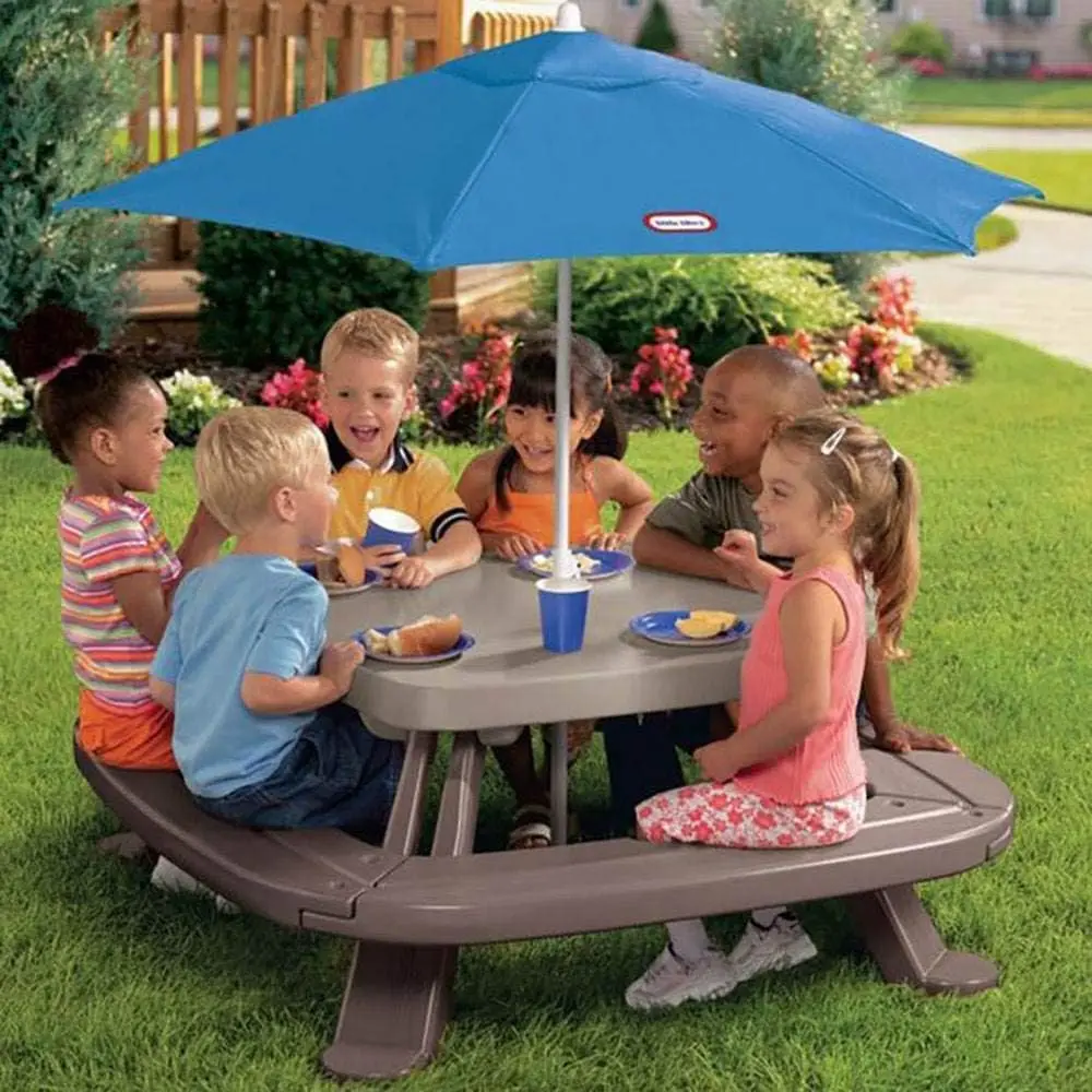 Little Fold 'n Store Picnic Table with Market Umbrella, Brown