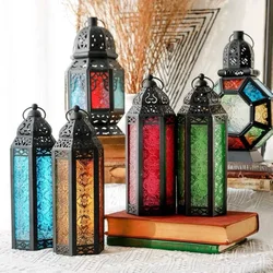 Morocco Handheld Iron Wind Lamp Candlestick Colored Glass Home Office Courtyard Decoration Iron Art Candle Holder