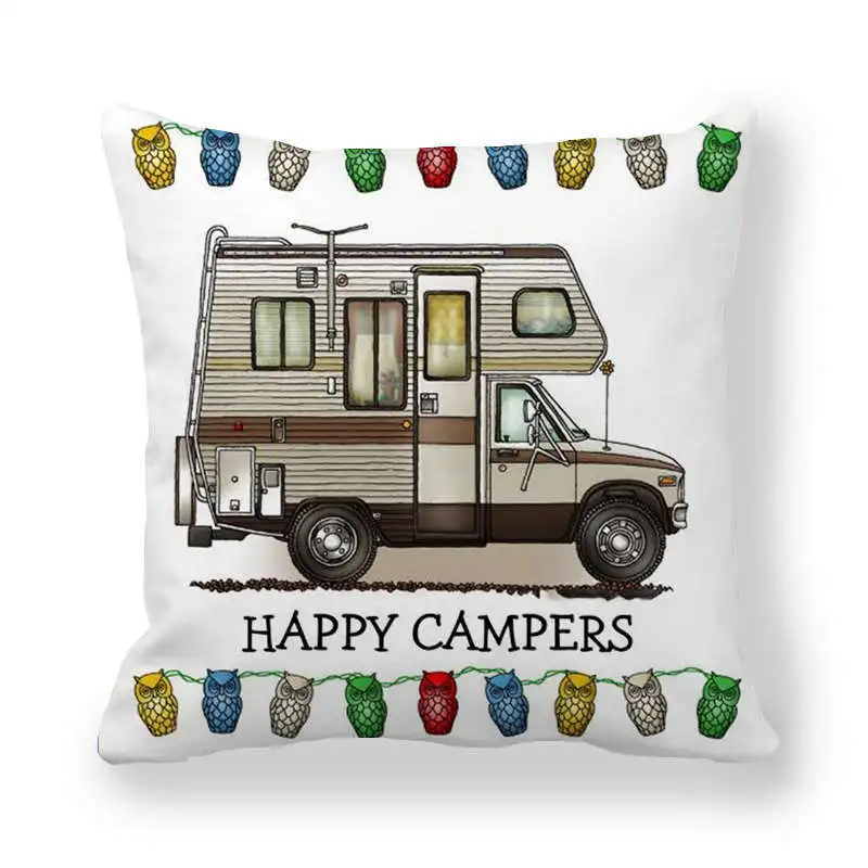 Happy Campers Car Cushion Cover Owl Outdoor Camping  Pillow  Sofa Decorative