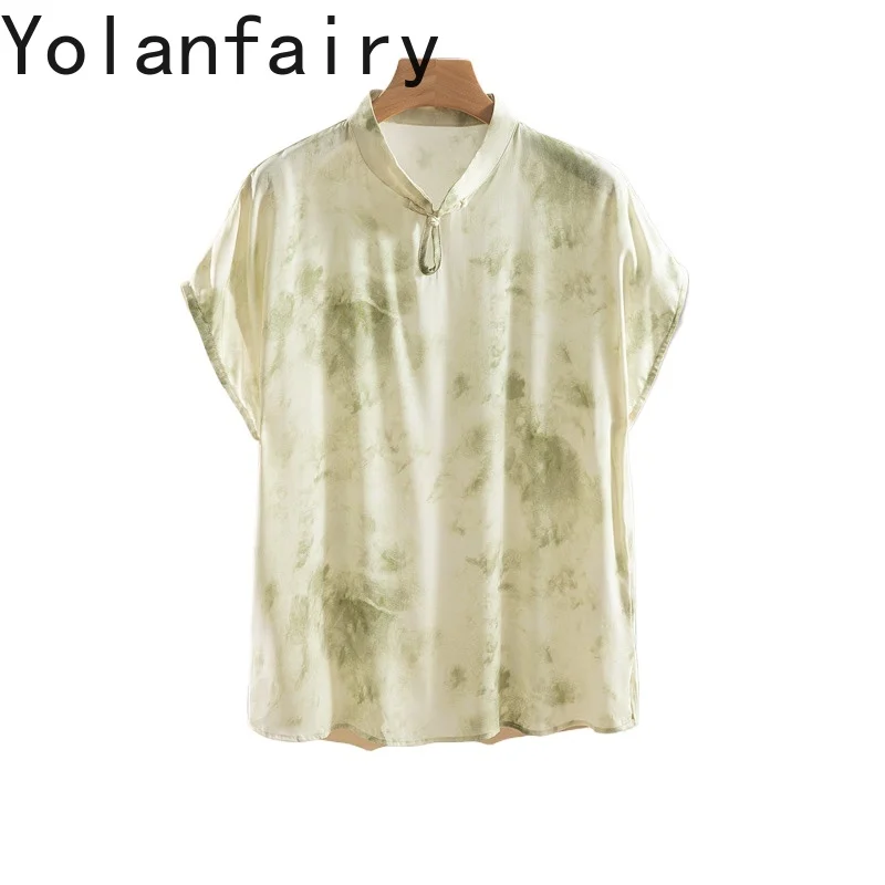 

YOLANFAIRY 100% Real Mulberry Silk Shirts Female Summer Clothing Crepe Tie-dyed Printed Shirts Dames Top Woman Shirt chemises