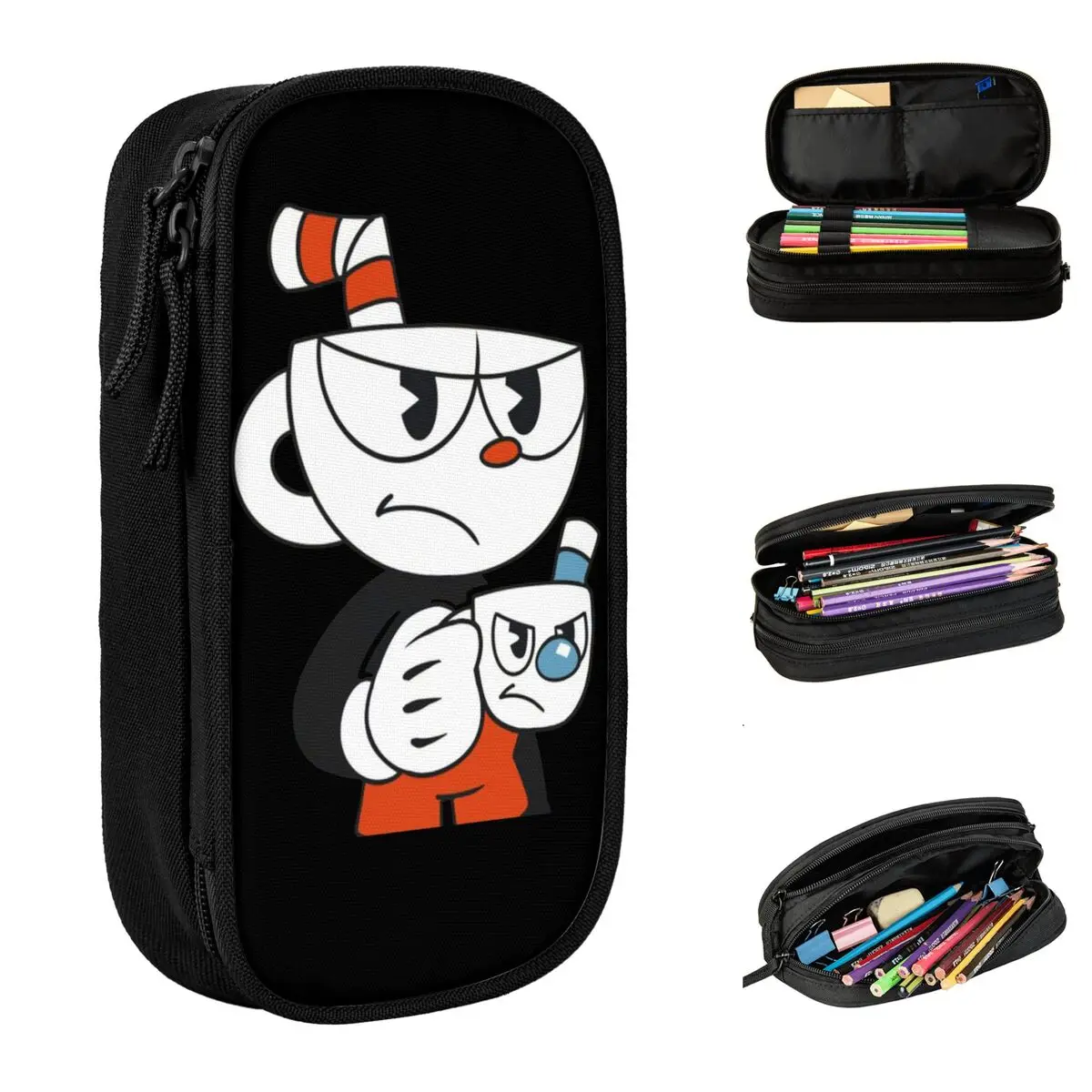 Cuphead And Mugman Angry Pencil Cases Retro Coffee Anime Pen Box Bag Girl Boy Large Storage School Supplies Zipper Pencilcases