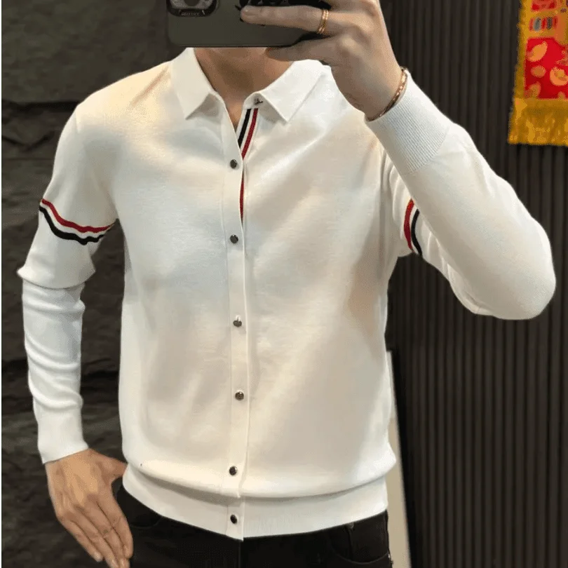 

Вязаный мужской кардиган в полоску, приталенный крой, универсальная повседневная верхняя одежда для осени и зимы