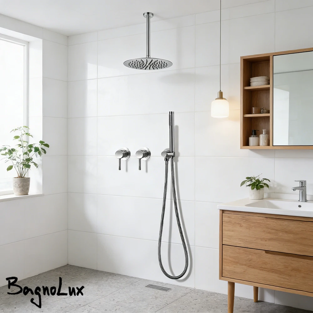 

Polished Chrome Bathroom Faucet Wall Mounted Shower Mixer with Ceiling Arm 8-16 Inch Rainfall Hot And Cold Shower Tap