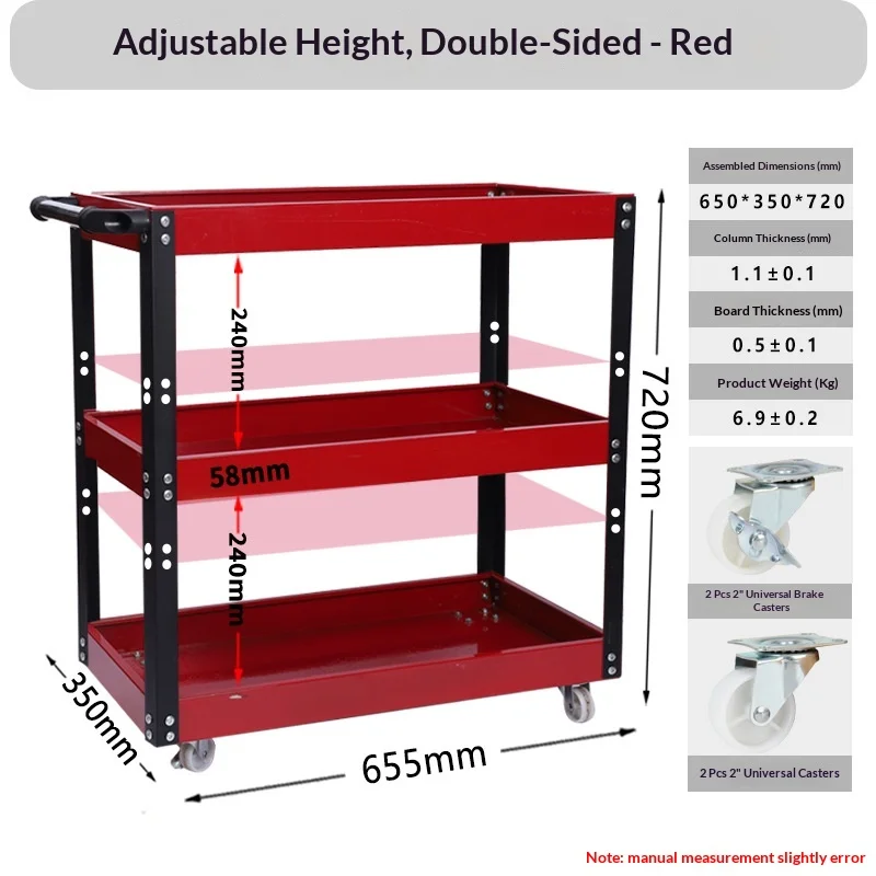 Schwerlast-Rollwerkzeugwagen Mobiler Garagenarbeitsplatz Mechaniker-Schrank 3 Schubladen Abschließbar Stahlräder Rot Blau Weiß