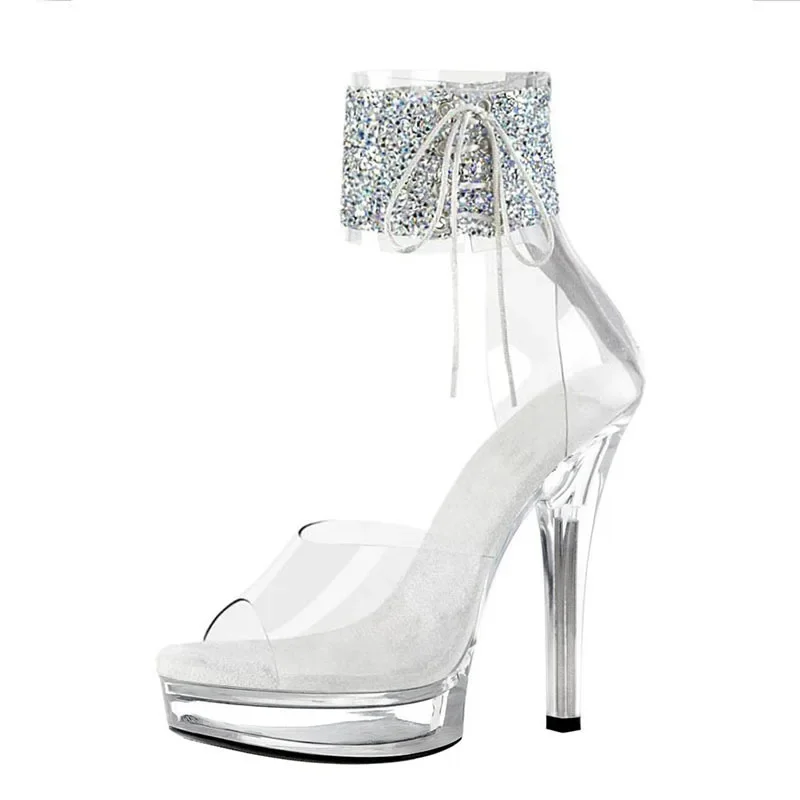 Women\'s Sandals Sparkling Pink Transparent Crystal Sex Pole Dance Sexy Nightclub Buckle Strap Waterproof Platform Women Shoe