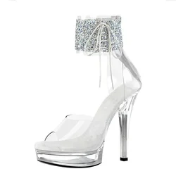 Women's Sandals Sparkling Pink Transparent Crystal Sex Pole Dance Sexy Nightclub Buckle Strap Waterproof Platform Women Shoe