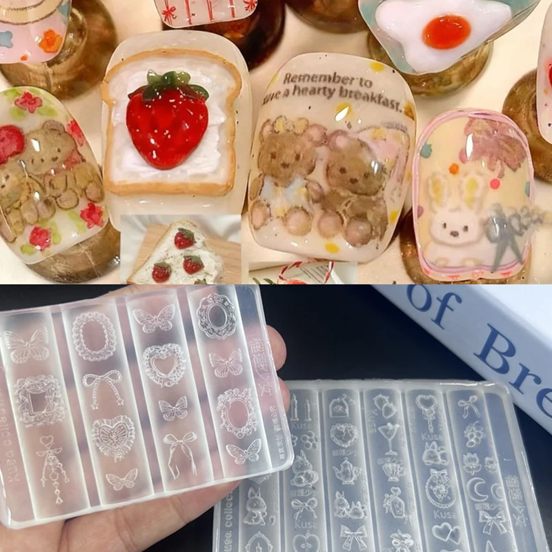실리콘 네일 아트 몰드 만화 레이스 리본 토끼 귀여운 캔들 달 꽃 딸기 네일 아트 DIY 3D 장식 몰드 디자인 도구