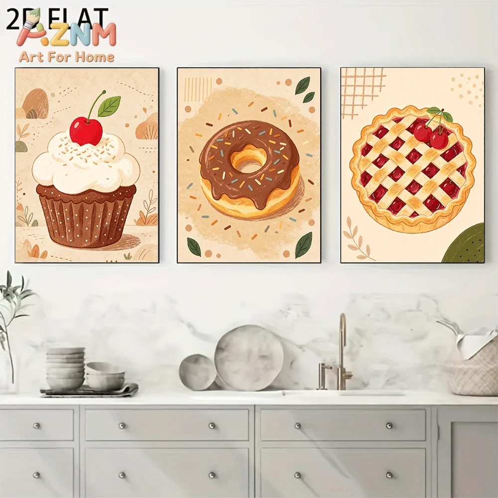 AZNM Frameless Canvas Wall Art, Cute Cupcake Donut Cherry Pie Print, Sweet Dessert Hand Drawn Food Art Wall Decor for Kitchen Li