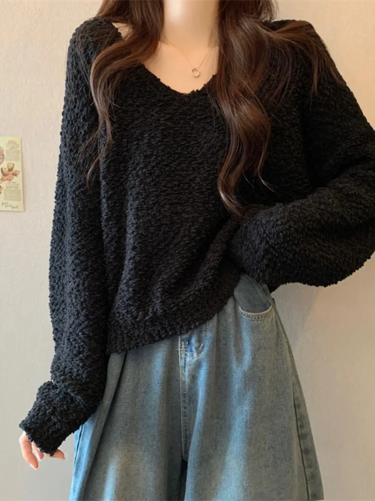 Korean Lazy Style Textured V-Neck Long Sleeve Women's Sweater Loose Slimming Autumn Fashion Simple Style Top City Walk Soft