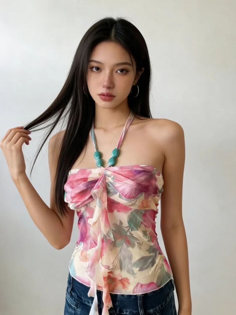 Women Y2K Gyaru Sexy Pink Tank Top Vest Sleeveless Cami Top Floral Print Ruffle Patchwork Halter Neck Crop Top for Women Summer