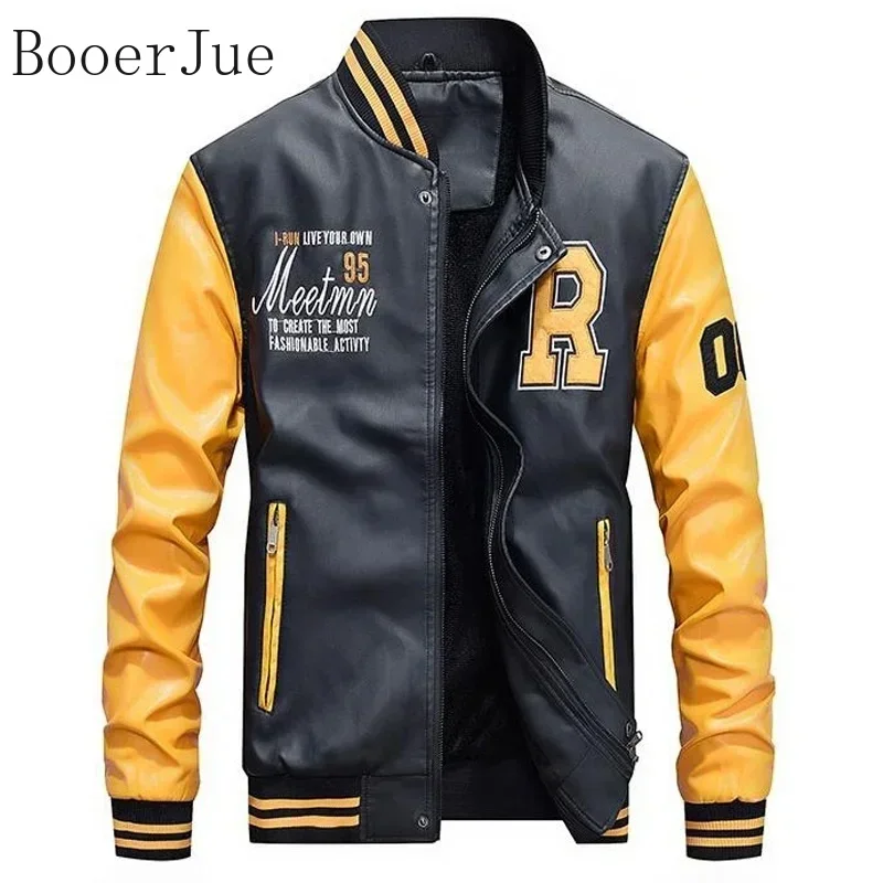 Men Slim Fit Collar Fleece Lined Faux Leather Biker Jacket, Windproof Fashion Outerwear Coat for Motorcycle Riding Autumn Winter