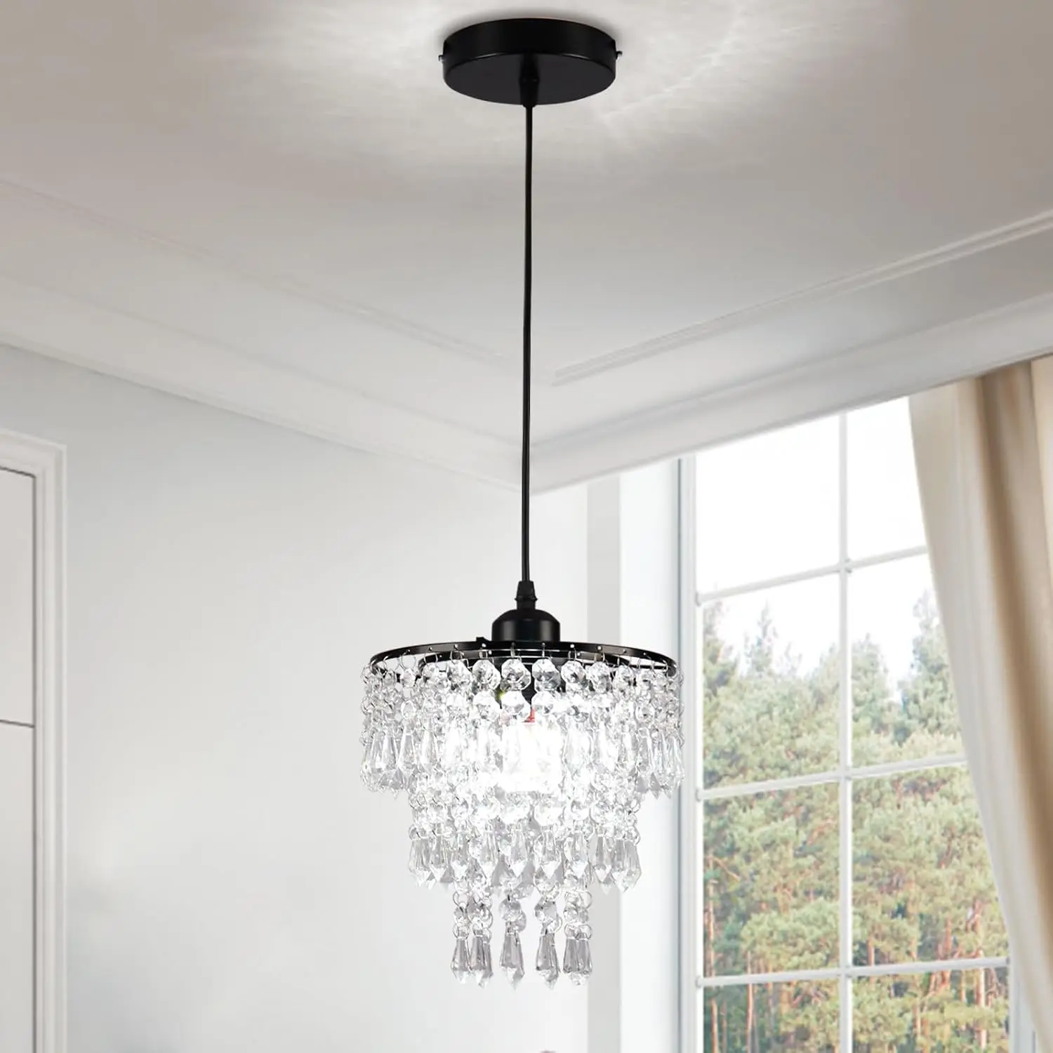 Black Small Crystal Chandelier Pendant Light Semi Flush Mount Ceiling Light for Hallway Foyer Closet Bedroom, 7.9 Inch