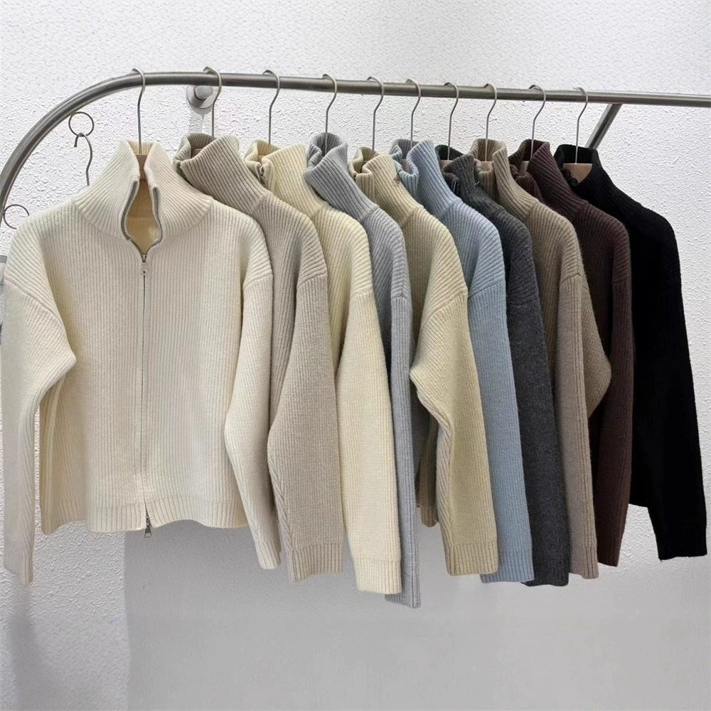 2025 Korean lazy style double zipper knitted cardigan jacket for women's autumn and winter solid color loose sweater women's top
