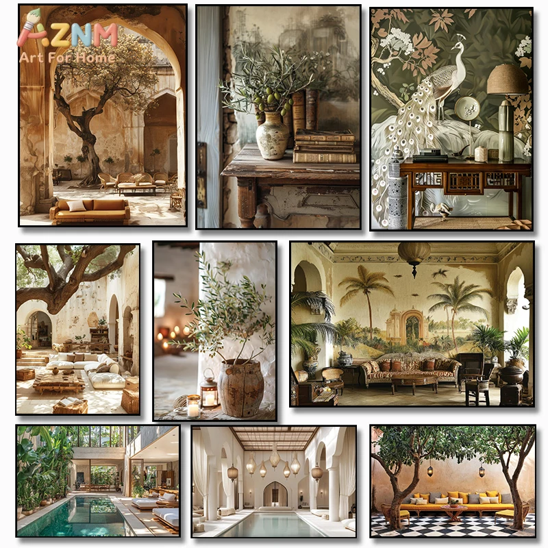 AZNM Moroccan Boho Interior Canvas Wall Art Vintage Architecture Peacock Palm Tree Print Poster for Living Room Home Decor Unfra