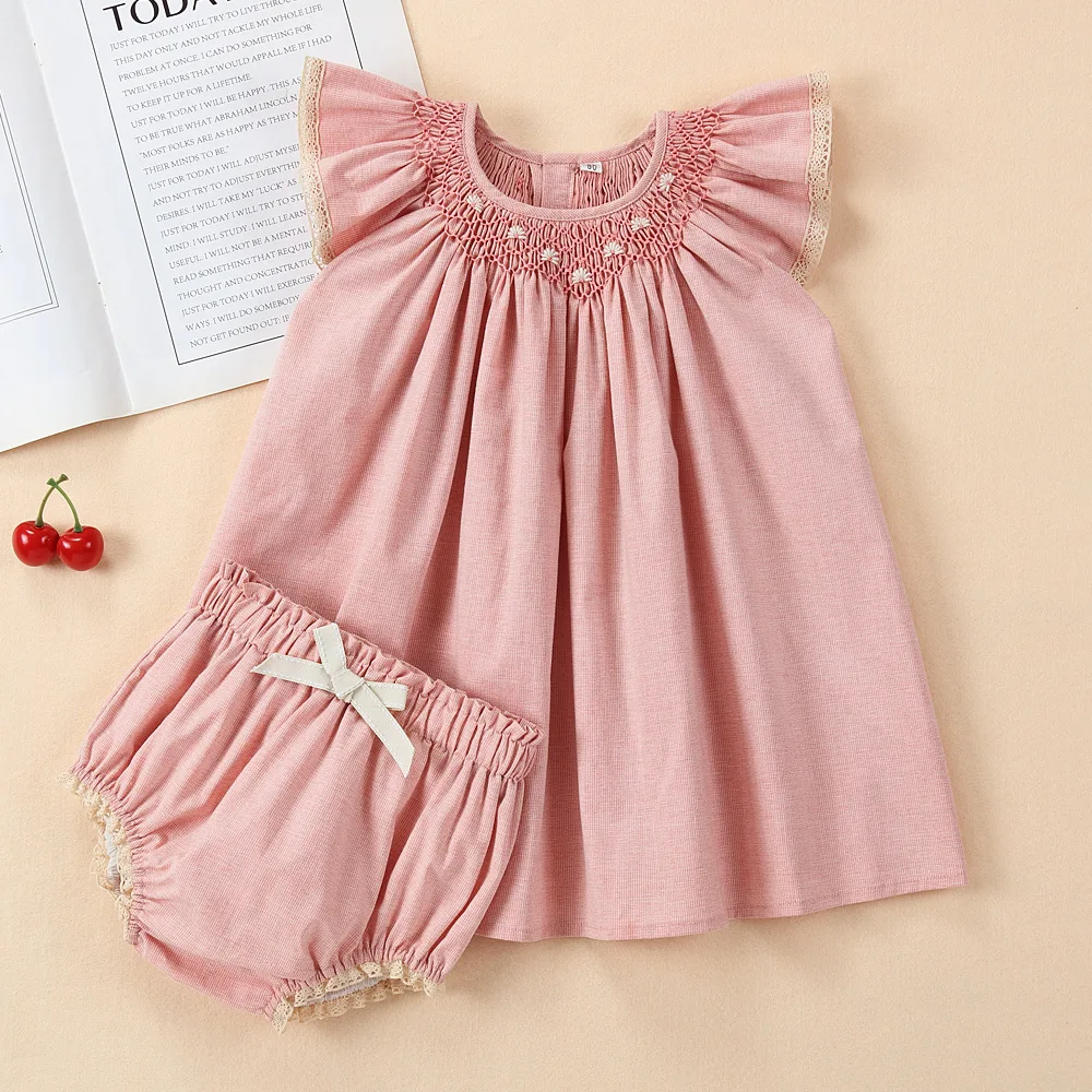 2024 Summer Suits for Kids Girl Infant Pink Embroidery Handmade Casual Loose Dress and Butt Pants Children Spanish Cute Clothes