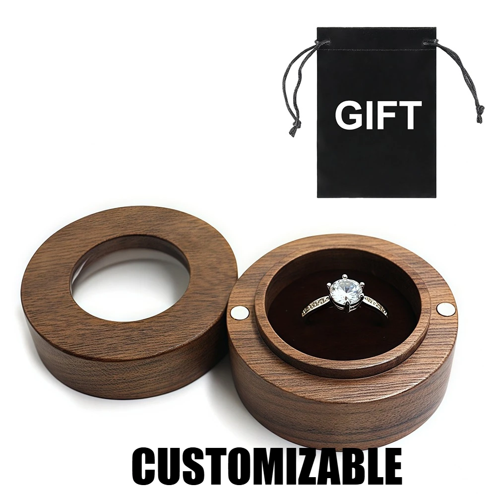 

Персонализированная шкатулка для колец из орехового дерева, круглая с гравировкой на окно, персонализированная шкатулка для драгоценностей TEXT, предложение, помолвка, свадебная церемония
