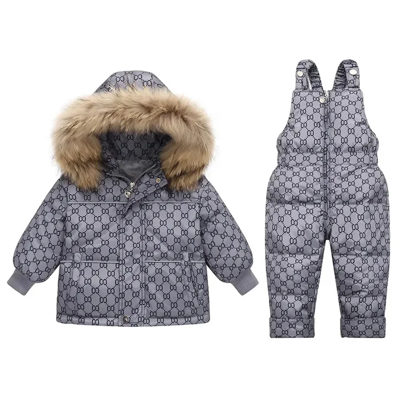 

-30 Degrees Children Clothing Set Winter Duck Down Jacket Warm Kids Hooded Coat Snowsuit Toddler Girl Parka Fur Baby Boy Overall