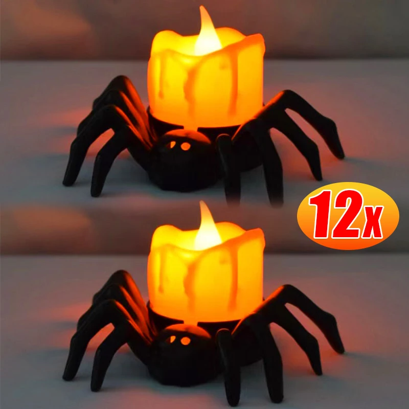 1-12pcs LED Candle Lights Spider Pumpkin Electronic Candle Lamp Flameless Battery Light Halloween Party Supplies Decor Candles