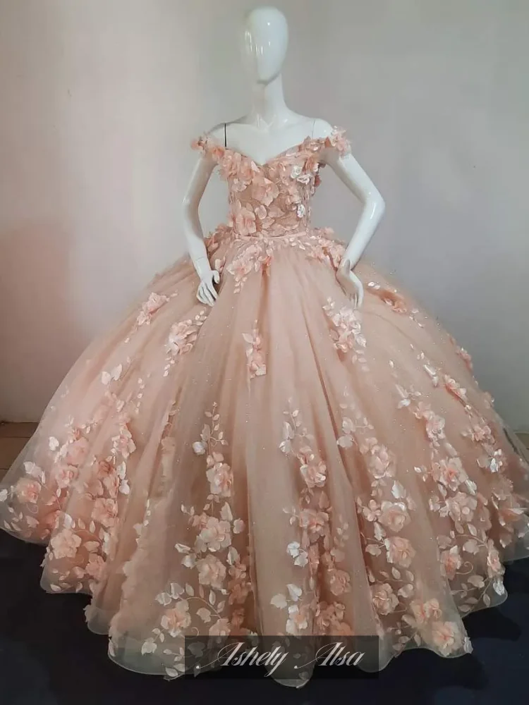 Gaun Coral Quinceanera kustom gaun pesta bahu terbuka Applique bunga 3D gaun pesta gaun Prom Formal manis 15 16 tahun anak perempuan