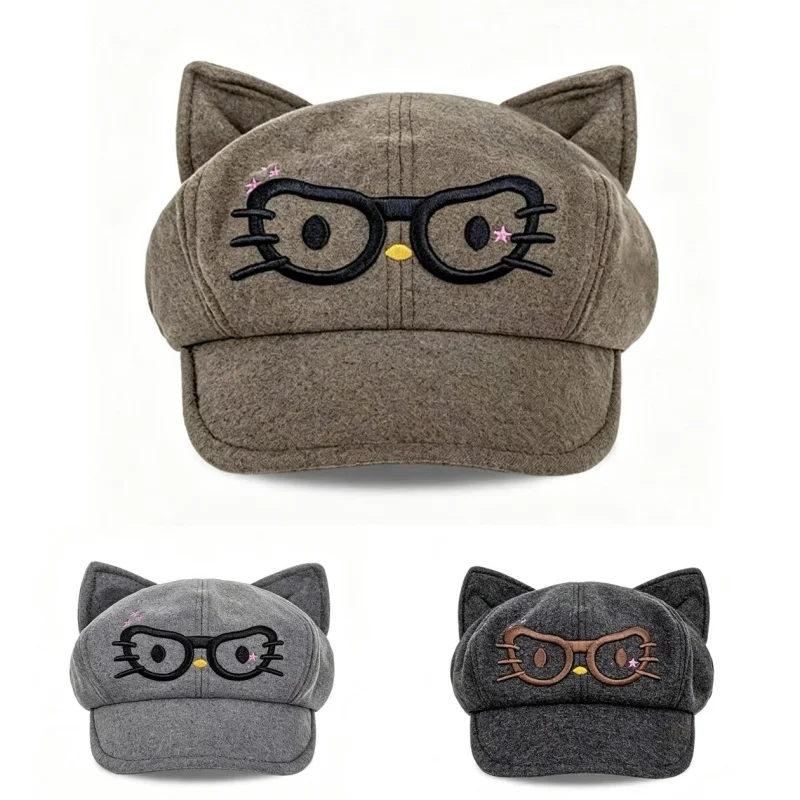Retro Cartoon Beret Collection Cute Ear Flat Top Octagonal Beret Hat for Women Autumn Winter Cute Cat Ear Cap Trendy Adjustable