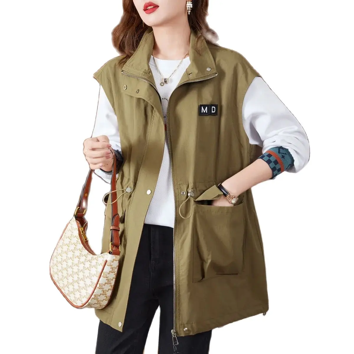 

European Station 2024 Spring New Fashion Women's Clothing Tooling Wind Drawstring Waist Waist Vest Loose Wild Vest Coat 1279