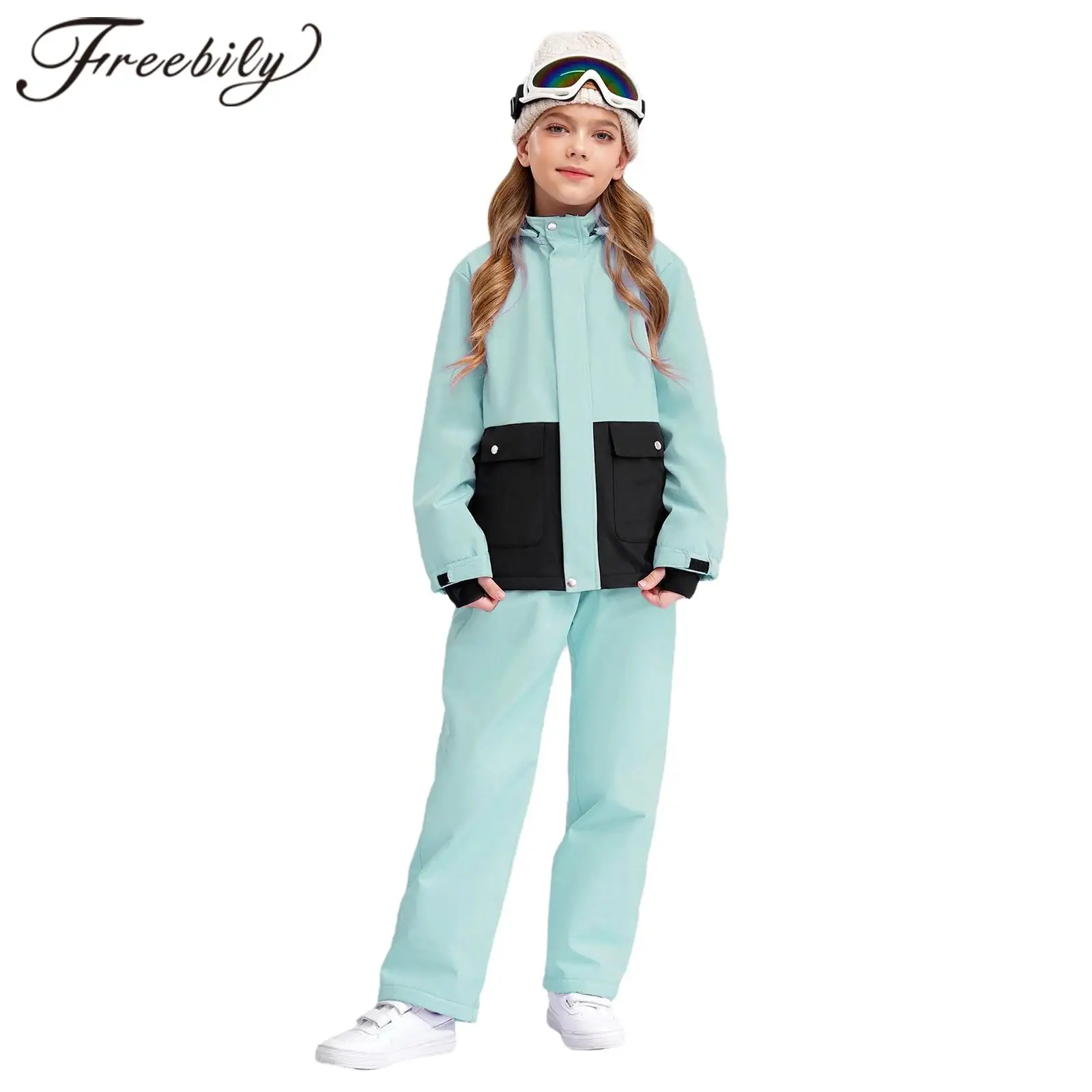 Kids Girls Ski Suit Long Sleeve Skiing Sets Jacket Hooded Coat with Pants for Outdoor Snow Sports Snowboarding Outfits Sportwear