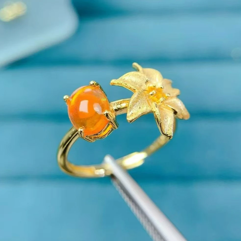 Elegant 925 Silver Flower Ring 6x8mm Dyed Natural Opal Ring Sterling Silver Opal Jewelry with 3 Layers 18K Gold Plating