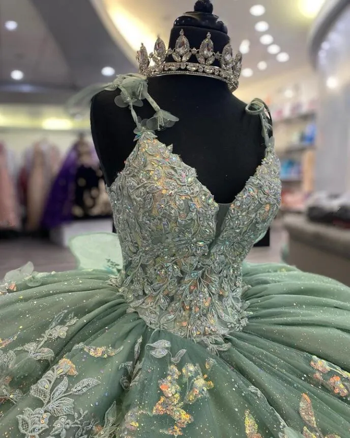 Vestidos Quinceanera verde menta, vestidos de espartilho florais com renda com apliques de luxo, 15 Quinceanera, 2024