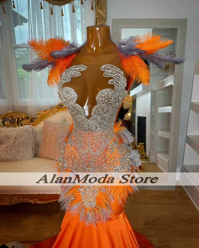 Rhinestone Orange Prom Dresses 2025 Feathers Crystal Mermaid Party Gowns Homecoming Dress Vestidos De Graduación Customized