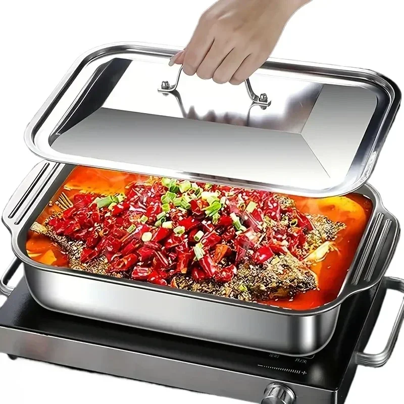 Stainless Steel Deep Baking Pan with Lids Multifunction Rectangular Oven-Safe Baing Pans for Kitchen Seafood Grilled Fish Pans