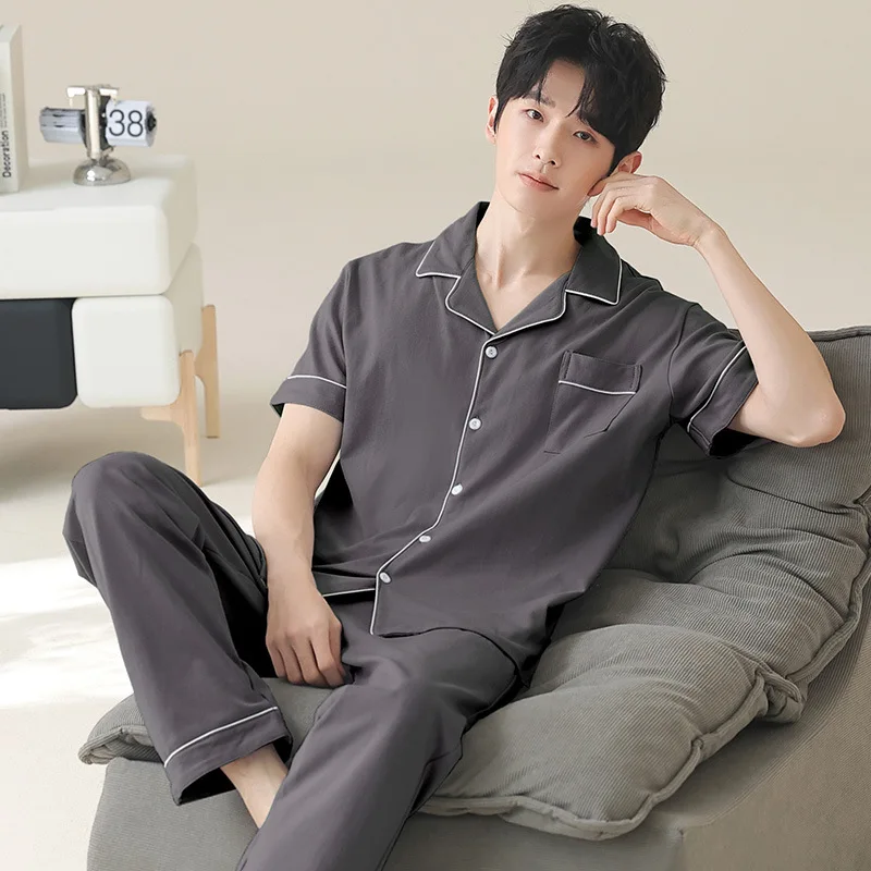 QICHE Men Summer Pure Cotton Open Front Two Piece Loungewear Set Solid Short Sleeve Top Long Pants Wearable Outside Pajamas