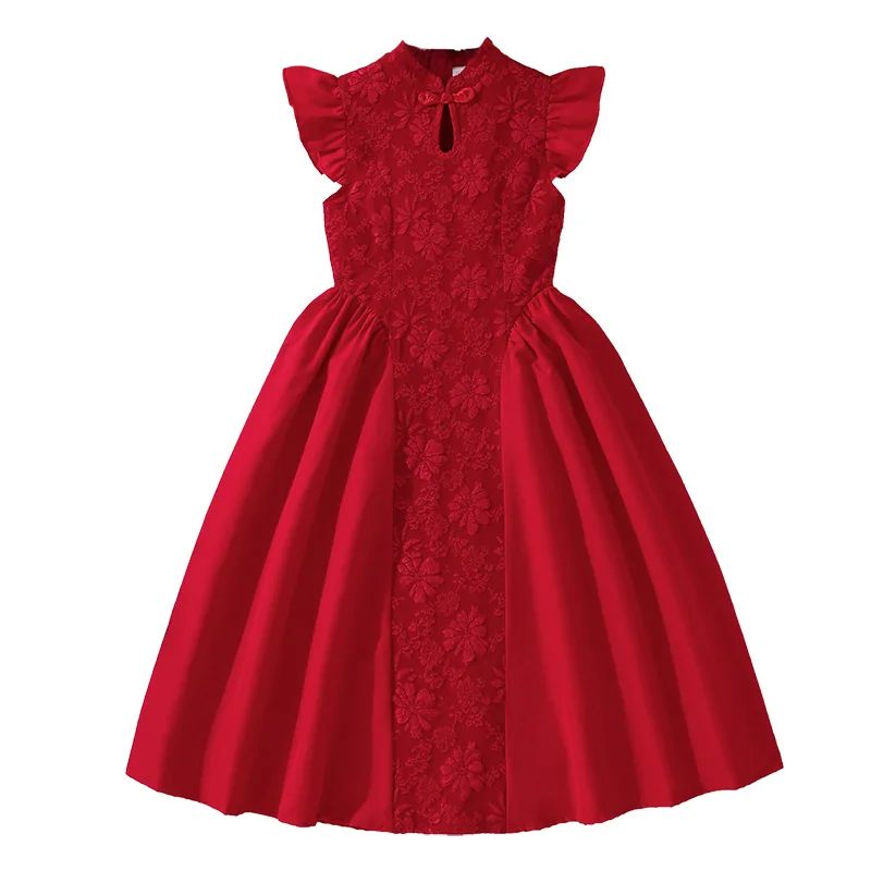 

Красное детское платье принцессы для девочек, летнее, с воротником-стойкой в китайском стиле, роскошное, вышитое, с коротким рукавом, расклешенное платье с завышенной талией