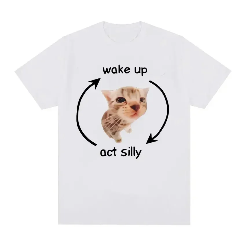 2026 Summer  Wake Up Act Silly Meme Graphic T Shirt Funny Cute Cat Print Short Sleeve T-shirt Men Women Casual Oversized Y2k