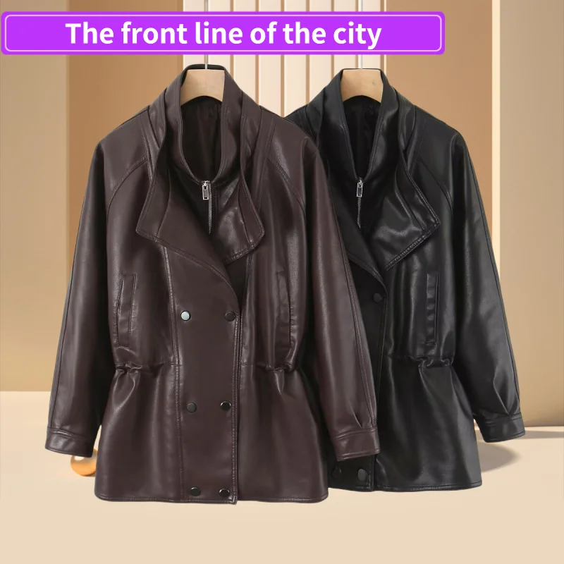 

Loose Fit Faionable Leather Jaet Women's Autumn Winter New Sle Zipper Closure Long Sve Coat Double Layer Collar