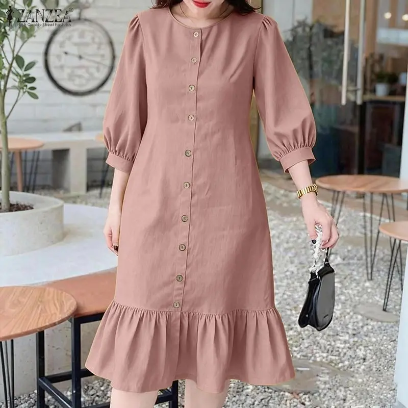 

Womens Casual Ruffle Hem Midi Dress O-Neck 3/4 Puff Sleeve Cinch Waist Button Up Dresses ZANZEA Summer Solid Color Robes Femme
