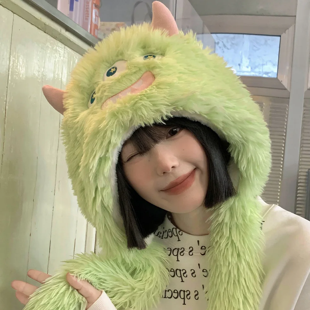 Cute and Funny Plush Monster Trapper Hat Female Winter Warm Thick Cold Fluffy Earflap Cap Cartoon Ugly Cute Earmuffs Bomber Hat