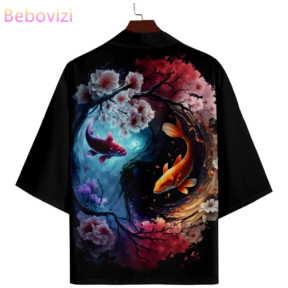 Fashion Japanese Tai Chi Gossip Fish Print Kimono Japanese Traditional Men Women Cardigan Haori Shirt Streetwear Samurai Tops