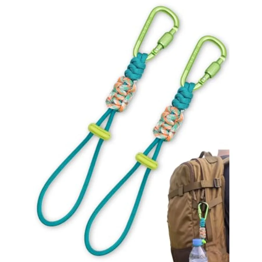 2-Pack Paracord Water Bottle Carrier Clip with Locking Carabiner, Adjustable Handle Strap for Backpacks and Belts, Securely Fit