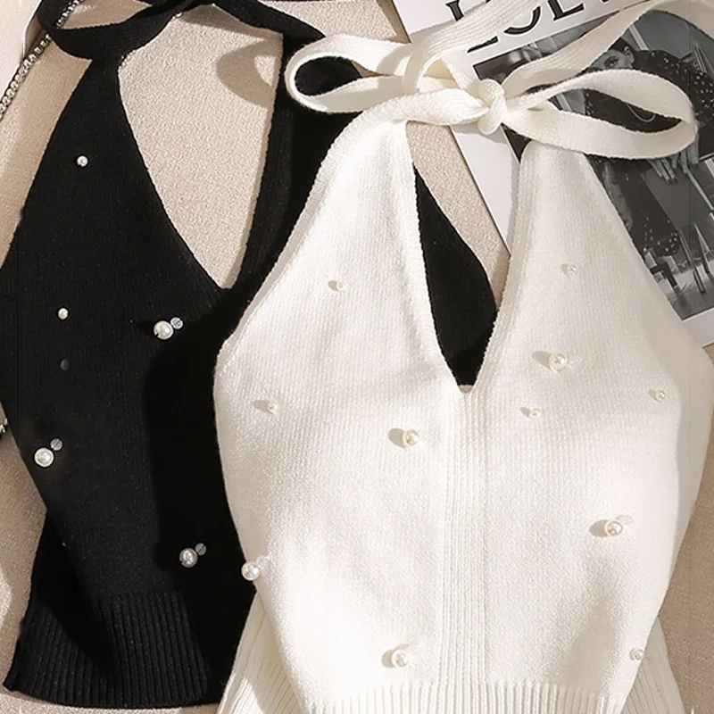 French Style Beaded Halter Vest Backless Inspired Knitted Top with Tie Knot Detail, Elegant Summer Date Night & Vacation Fashion