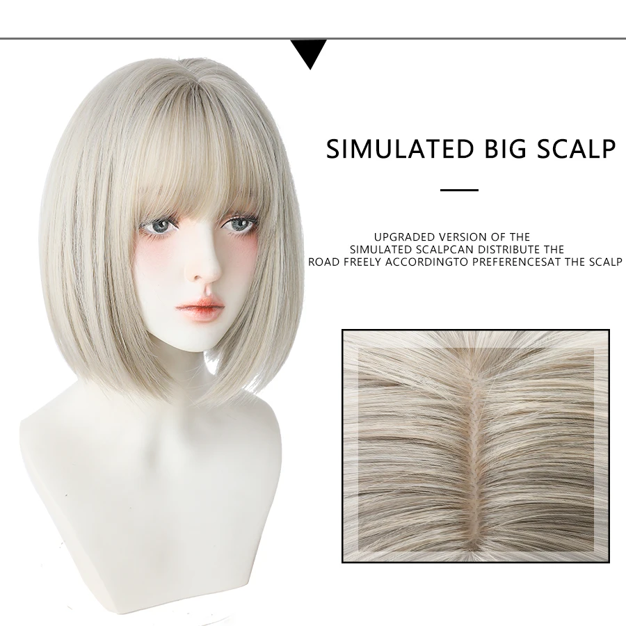 Short Straight Synthetic Wigs for Women White Grey Hair Bob Wigs with Bangs Daily Cosplay For Party Heat Resistant Lolita Hair