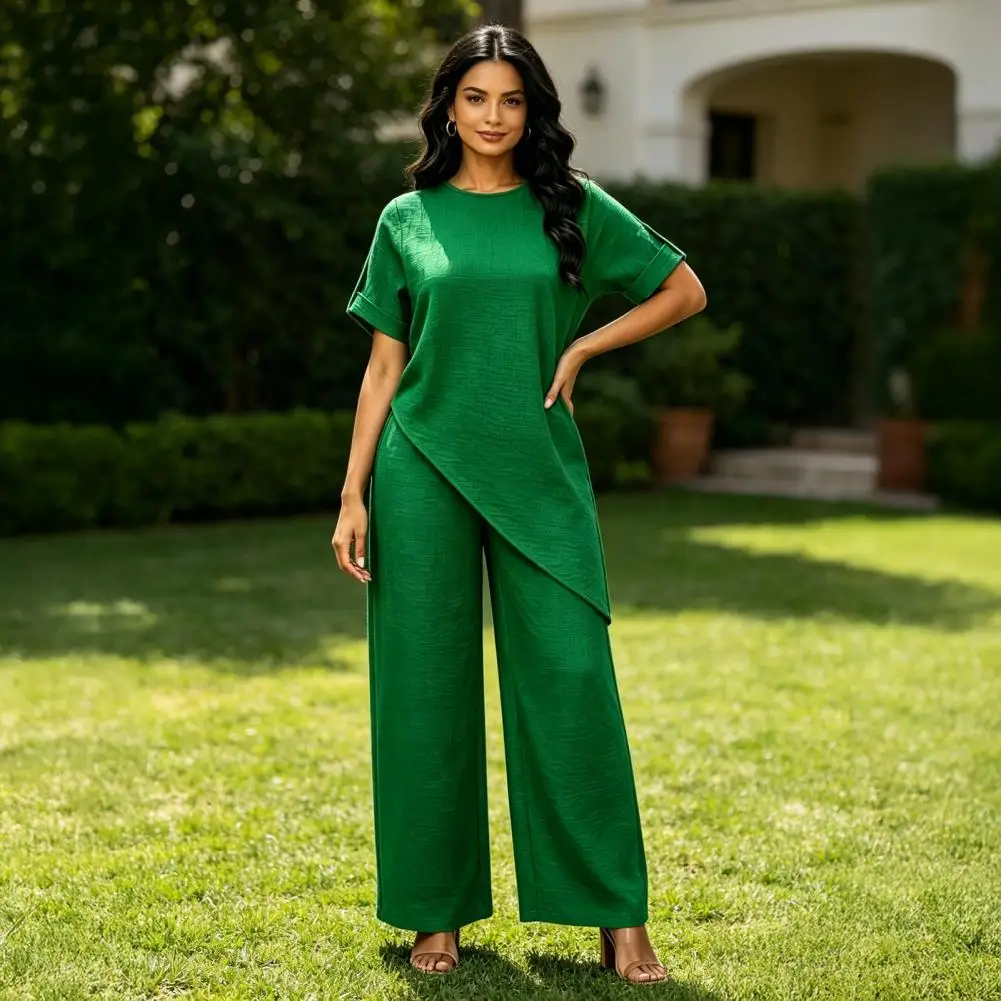 Women's Summer Casual 2 Piece Sets Short Sleeve Crew Neck Asymmetry Hem Top And Long Pants Lounge Outfits Casual Street Outfit