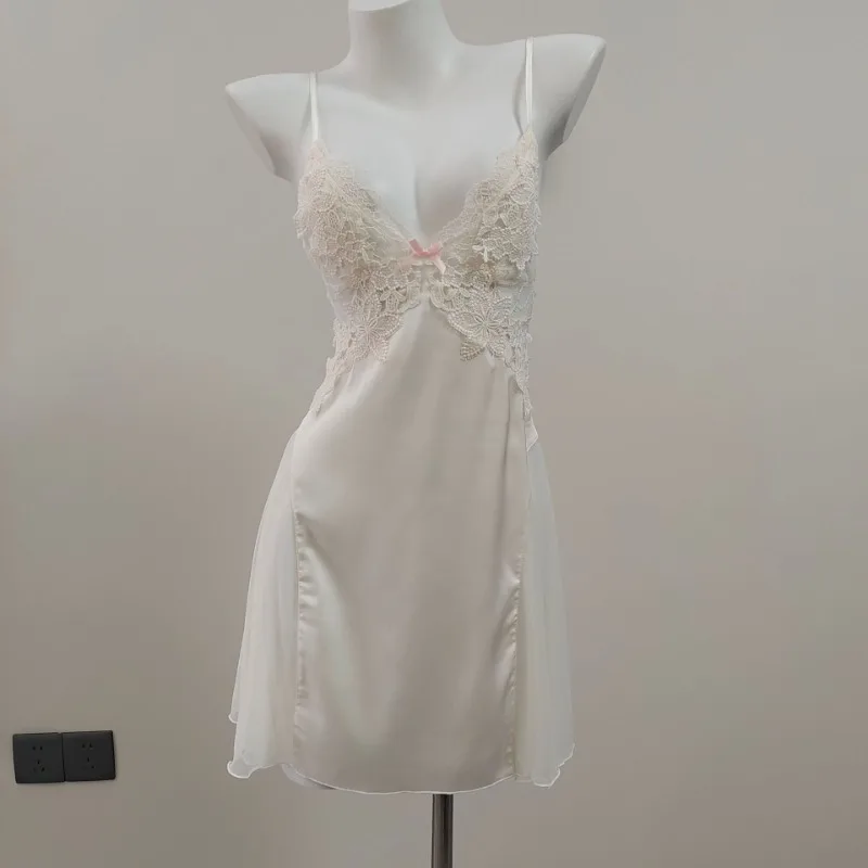 Sexy Nightgown Female Side Bandage Strap Hollowed Out Nightdress Lace Perspective Sleepwear Women Nightwear Ice Silk Dress