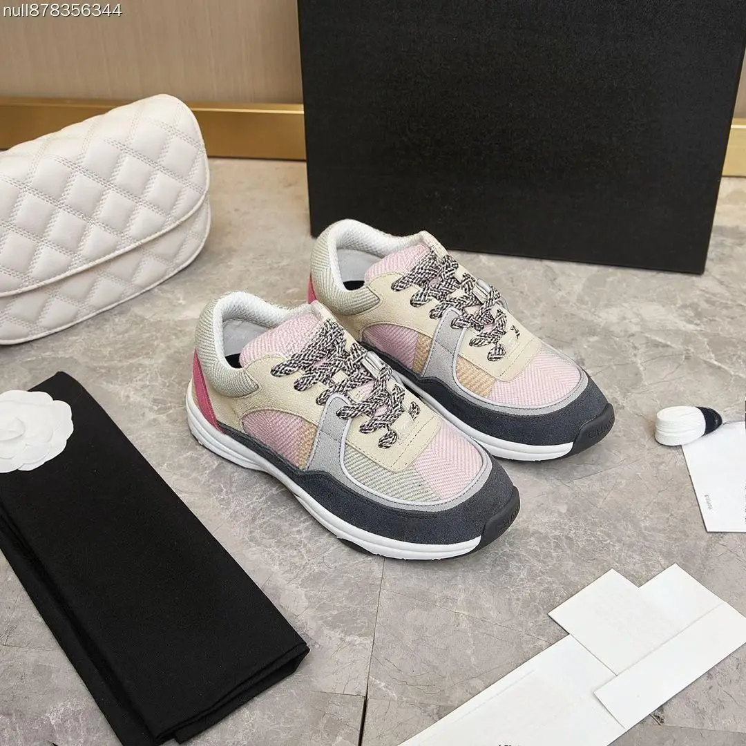Unisex Pink‑Beige Tweed Suede Splicing Sneakers Lace‑Up Retro Casual Sports Shoes for Men Women