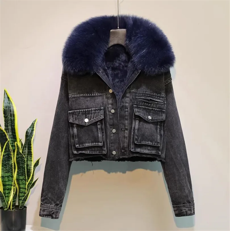 Retro patch pocket washed short denim jacket women autumn winter 2023 fashion fur liner parkas Female Outerwear Y4544