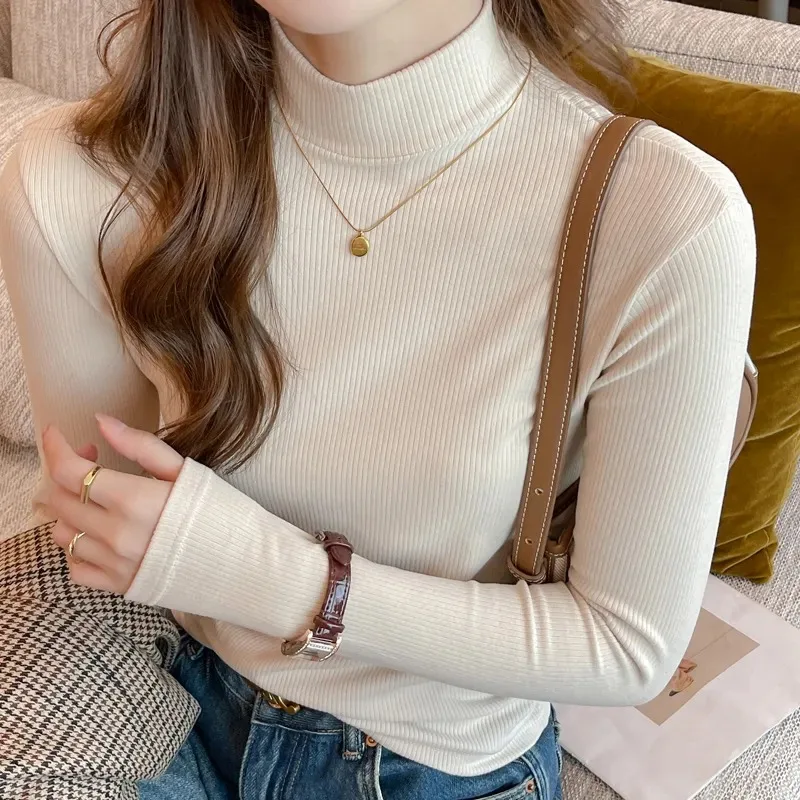 Women Ribbed Half Turtleneck Thermal Top Long Sleeve Soft Dralon Layering Shirt Autumn Winter Basic Tee