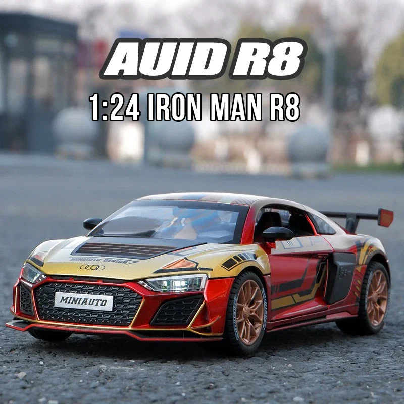 1:24 Audi R8 V10 plusTrack Edition Sports Car Alloy Acousto-Optic Model Doors Open Collectibles Boy Best Gift Furniture