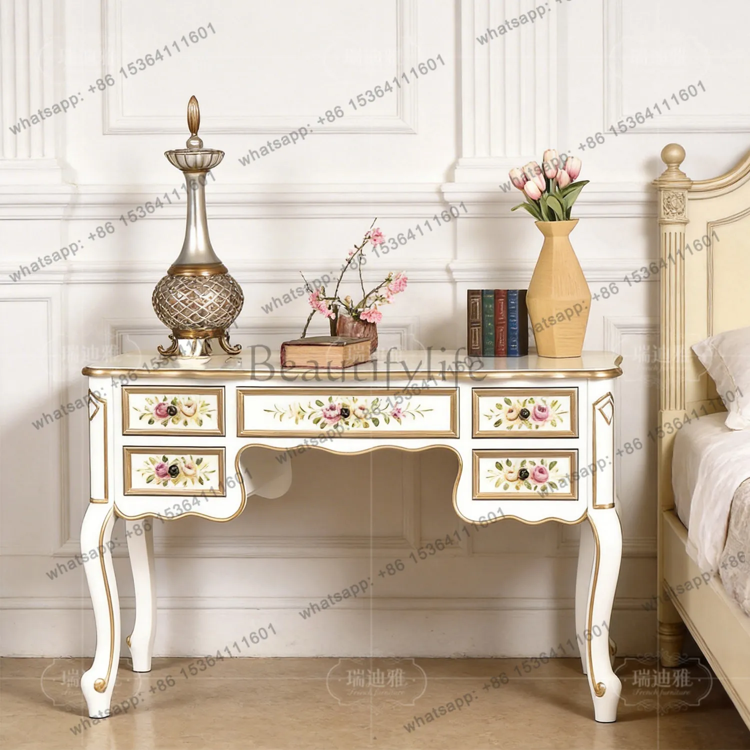 American retro painted home living room bedroom desk floral pattern with storage