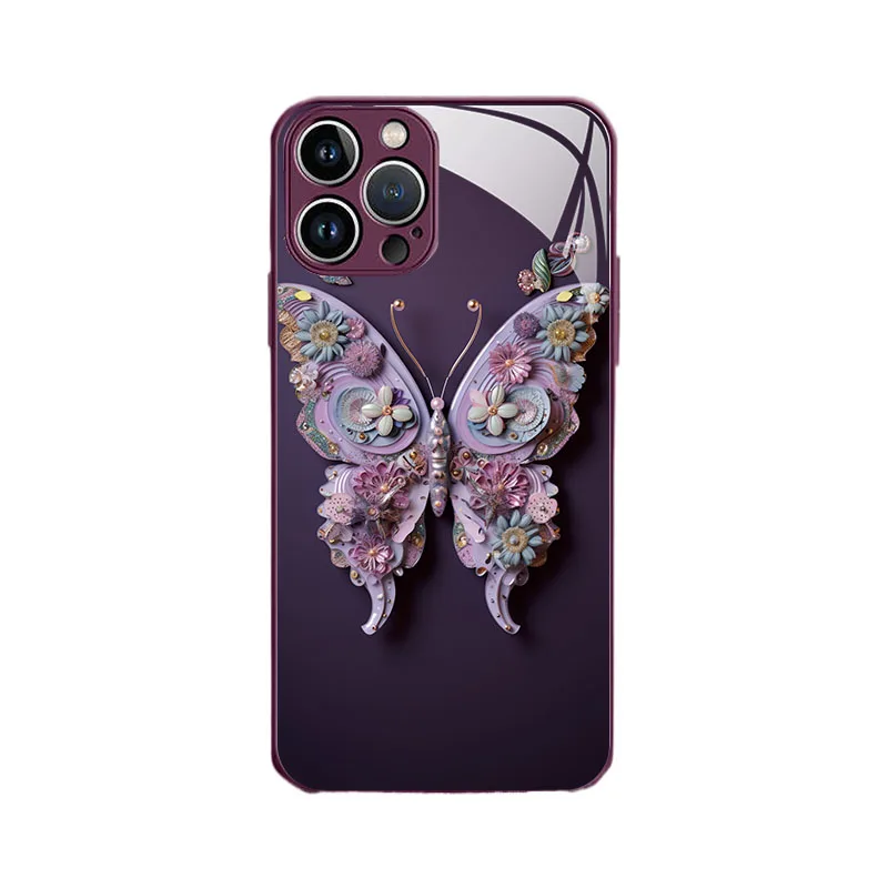 Flat Butterfly Pattern Glass Cover Fairy Butterfly Glass Phone Case for IPhone 14 13 12 11 15 Pro Max X XS XR 7 8 Plus Cover