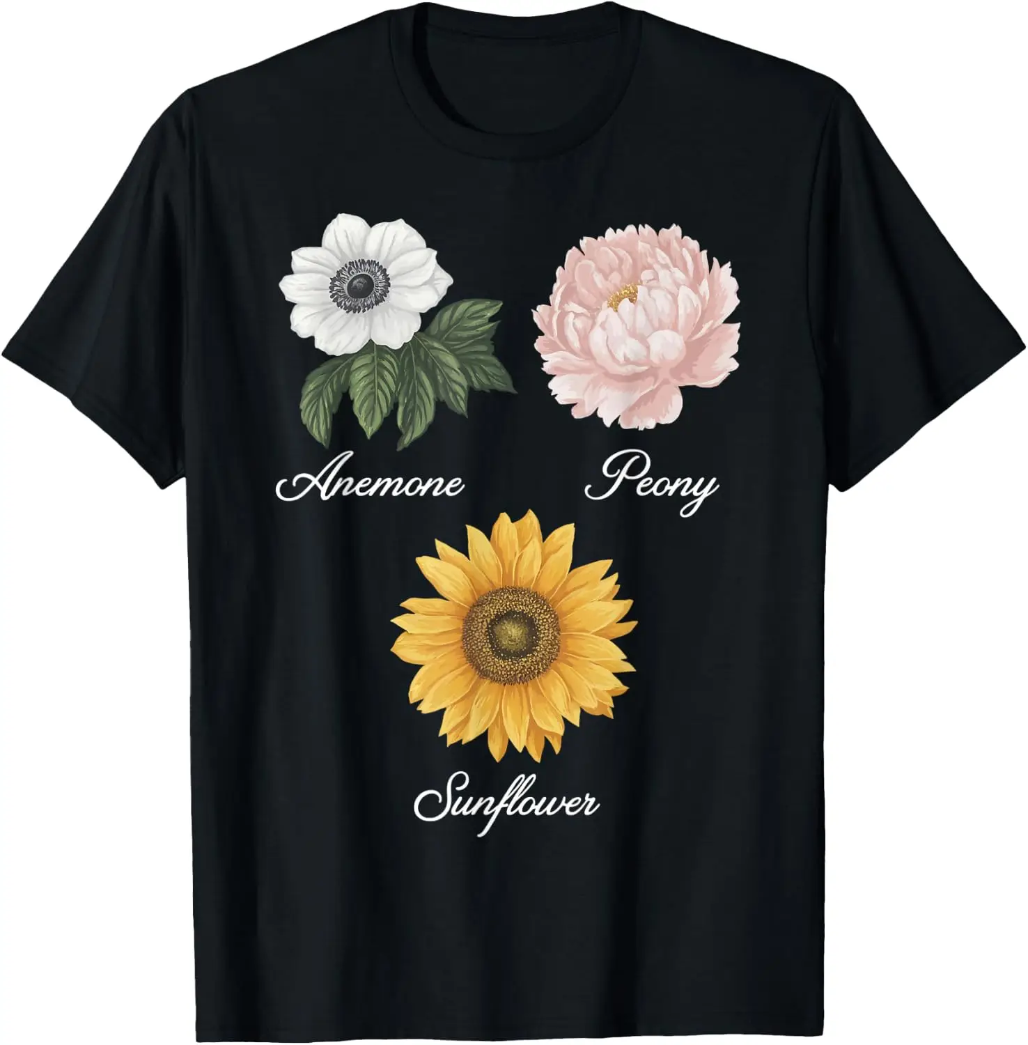 Elegant Garden Flowers: Anemone, Peony, Sunflower Art T-Shirt Mens Clothing Breathable Short Sleeve Y2k  Printed T-shirt